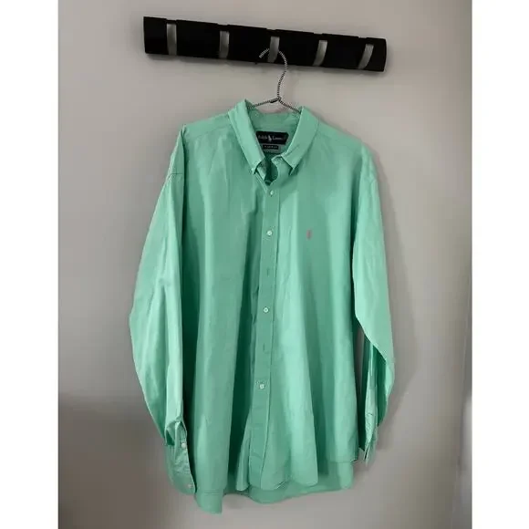 Ralph Lauren Polo men's 100 % cotton, mint green shirt, XL with pink pony