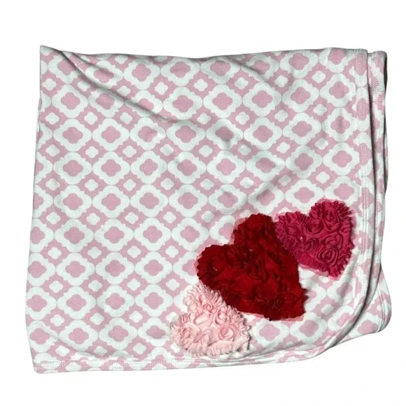 Haute Baby Girls Pink White 100% Cotton Recieving Blanket‎ Lovey 3D Hearts 27x24