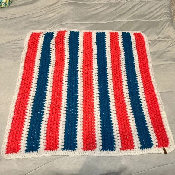 Handmade Crochet Baby Blanket Vibrant Pink Teal White Striped‎ Knit Afghan