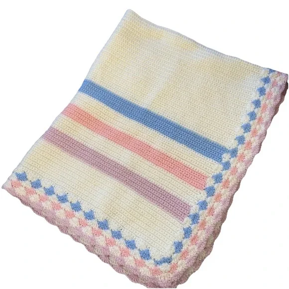 Crochet BABY BLANKET AFGHAN  36 X 42 White Blue Pink Girl Or‎ Boy Beautiful!