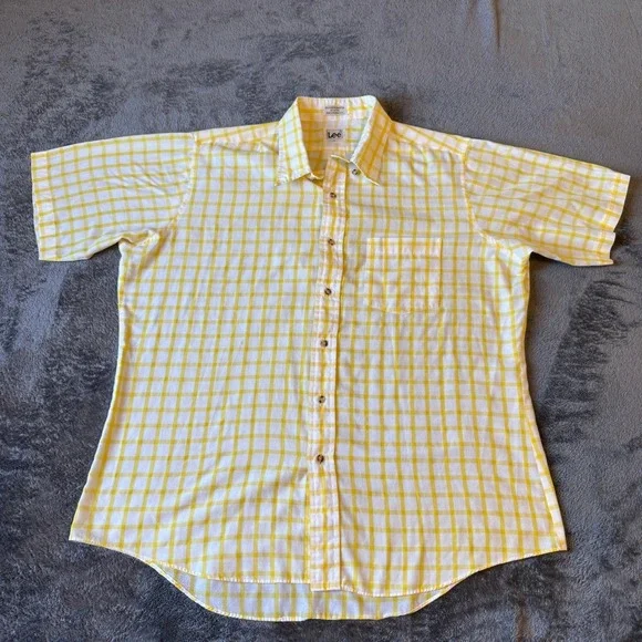 Vintage Lee Mens XL Yellow White Checkered Short Sleeve Button Down Shirt