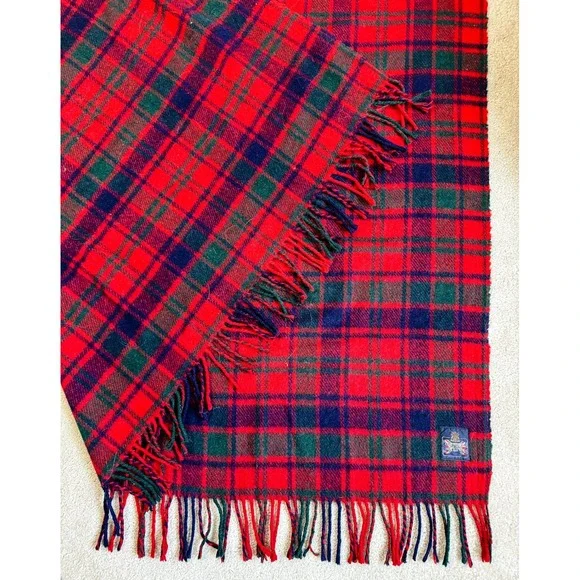 Vintage Woven in the British Isles Red Royal Stewart Style Tartan Throw Blanket