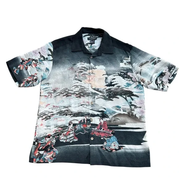 Citron Mens Silk‎ Aloha Shirt Asian Scene Geisha Kimono Print Black S