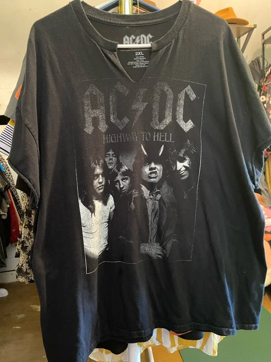 AC/DC Black and Gray 'Highway to Hell' Band Tee with raw hem v-neck and rolled