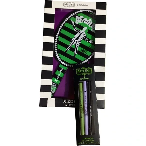 Revolution Warner Bros Beetlejuice Han Mirror + 5pc Eyeliners Kit Tim Burton NEW