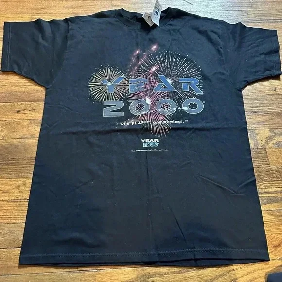 Vintage Y2K Year 2000‎ USA T-Shirt Mens Large Black Short Sleeve Cotton Graphic