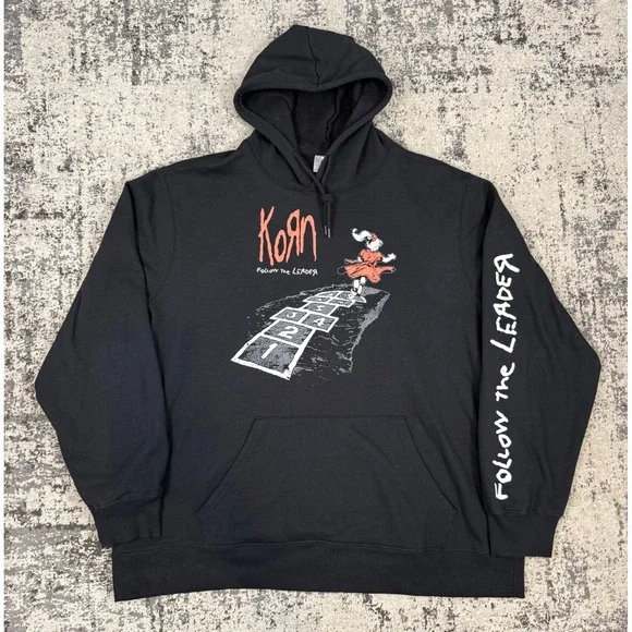 Korn Mens XXL Black Follow The Leader Hoodie Graphic Band Sweatshirt