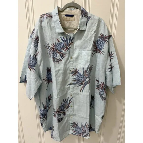 Tommy Bahama Light‎ Blue Hawaiian Shirt Pineapples 100% Linen 2XT button up camp