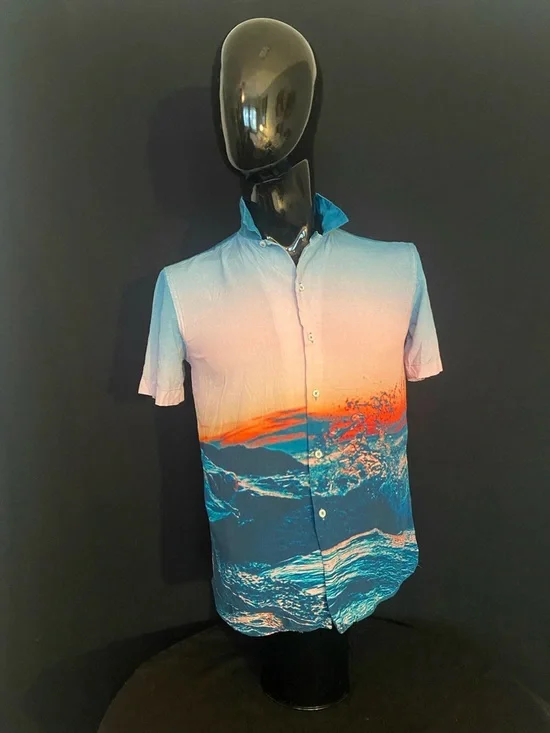 Zara Short-Sleeve Sunset Ocean Print Shirt - Blue/Orange/Pink
