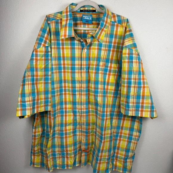 Southpole Mens 5XL Short Sleeve Button Down Plaid Shirt Multicolor Cotton Y2K