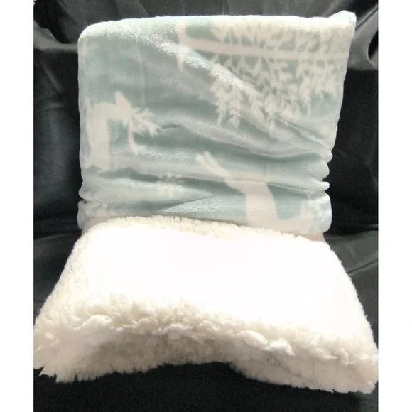 Velvet Berber Soft‎ and Cozy Throw Blanket, Lt Blue with White Deer and Trees