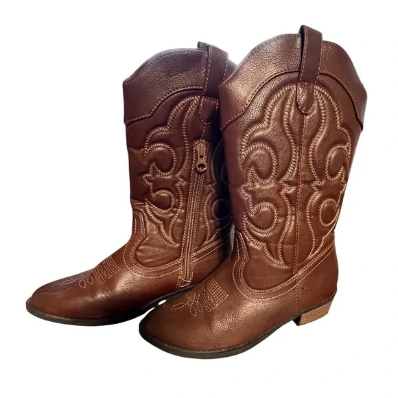 Cat and Jack Kids Brown Faux Leather Western Cowboy Boots Size 3 Side Zip