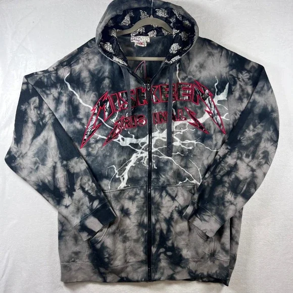 Y2K Mishkeen Original Black Tie Dye Lightning Zip Up Hoodie Mens XL Metal Logo