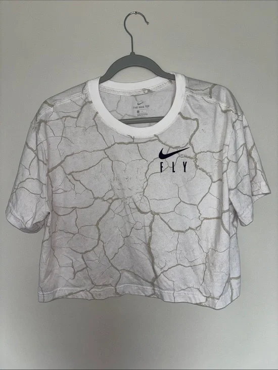 Nike White Cropped Tee with Beige Crackle Design