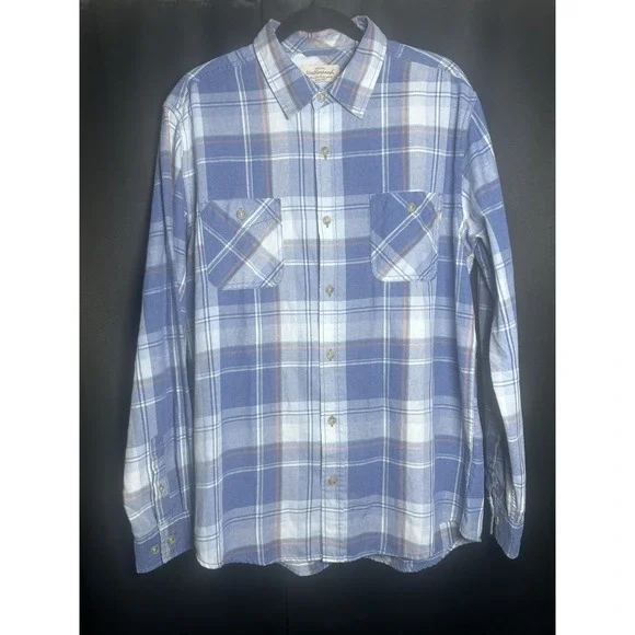 Original Weatherproof Vintage Mens Blue Plaid Flannel Shirt Long Sleeve, Large