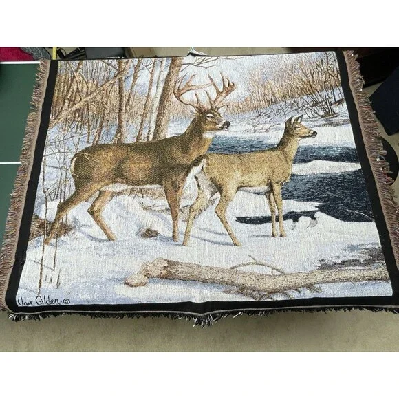 Ron Van Gilder Throw Blanket 'Stepping Out' Buck Doe Winter Made in the USA