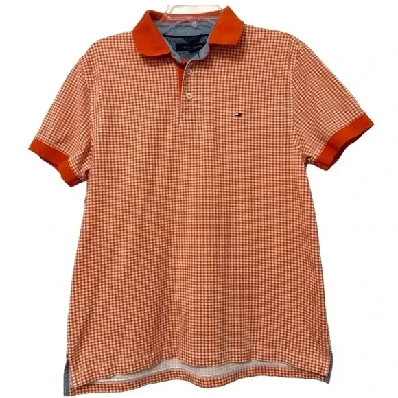 Tommy Hilfiger Polo Men’s Shirt Medium Work Dress Shirt Orange Gingham Collared
