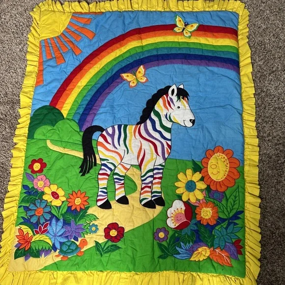 Vintage 1980s‎ Colorful Rainbow Zebra  Zoo Animals Handmade Blanket 37