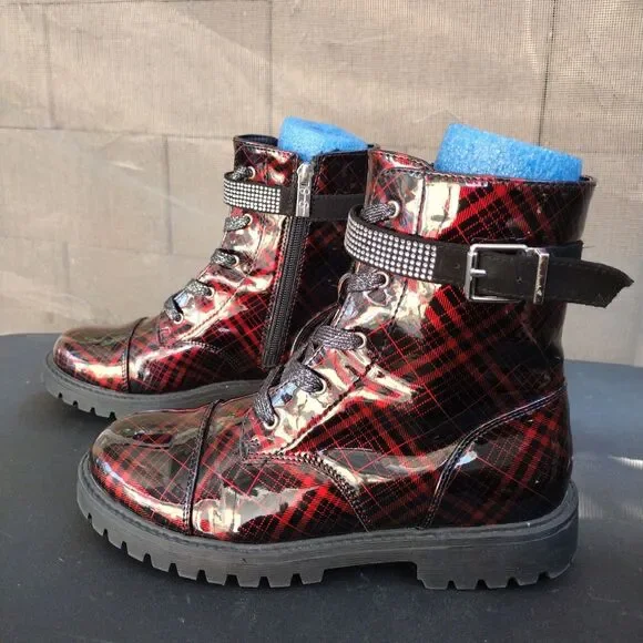 Jessica Simpson Rain Combat Boots Plaid Patent Zip Sides Kids Size 5 Black Red