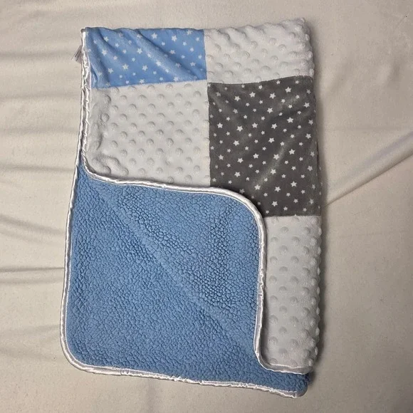 Just Born Baby Blanket Blue gray white minky patchwork star