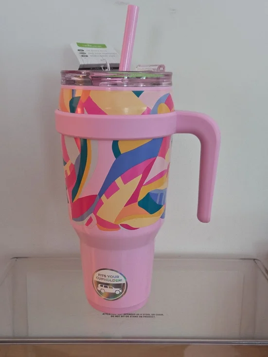 Reduce Pink Abstract Pattern Travel Tumbler with Handle and Straw...NWT