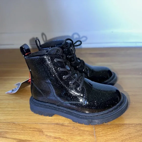 Ground Up Boots Girls 9 Black Glitter Patent Combat Lace Up Side Zip Ankle Youth