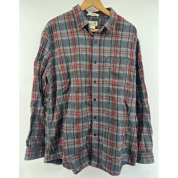 LL Bean Scotch Plaid Flannel Shirt XL Reg Slightly Fitted Red Gray Plaid 298167