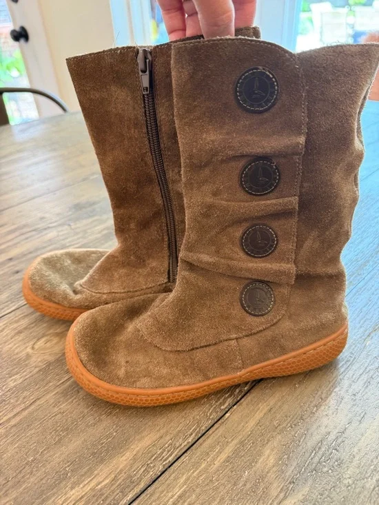 Livie & Luca Girls Brown Suede Tall Boots Size 1 Side Zip Button Detail Leather