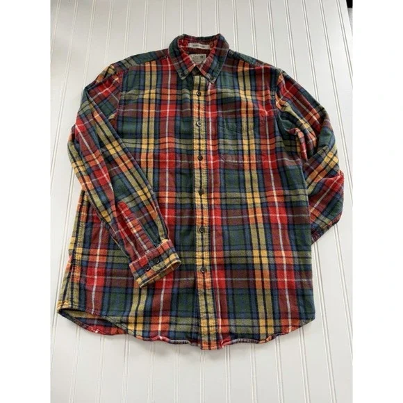 LL Bean Scotch Plaid Flannel Shirt Men's M Red Green Yellow Cotton‎ Button-Up