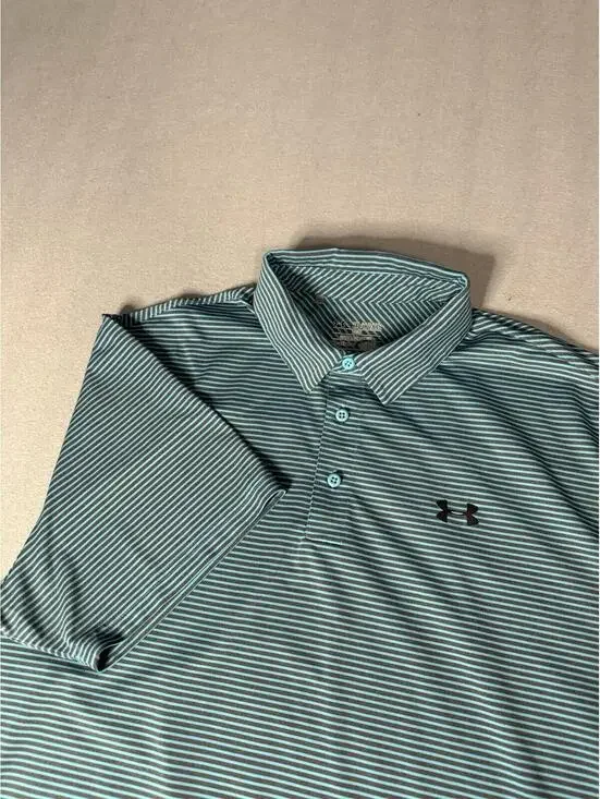 Under Armour Polo Shirt Mens 2XL XXL Green Striped Short‎ Sleeve Heat Gear Loose