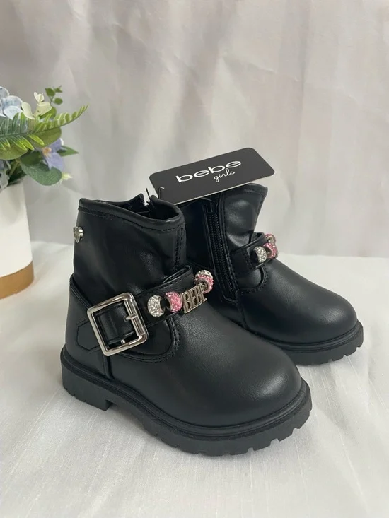 BEBE black moto boots with rhinestone Beads and plate Size 5 Baby Girl
