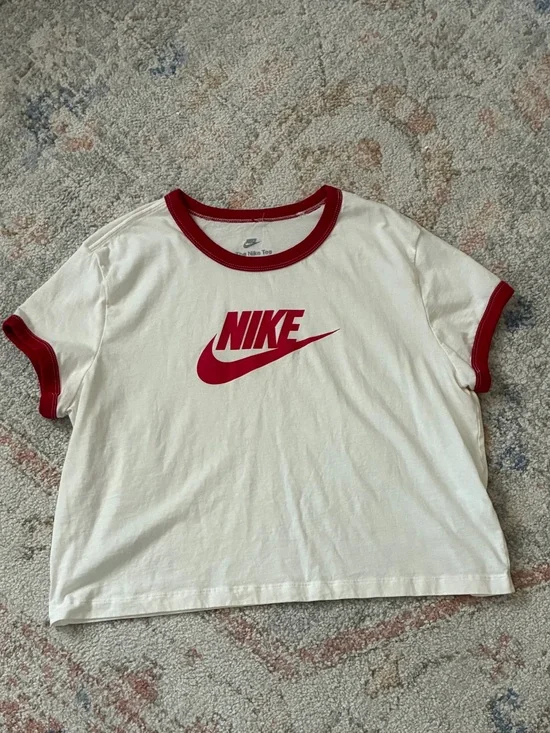 Vintage Nike White Baby Tee with Red Logo and Trim-Size L-