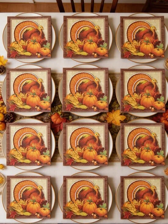 16 Count Thanksgiving Turkey Paper Napkins - Fall Harvest Cocktail Dessert 5x5
