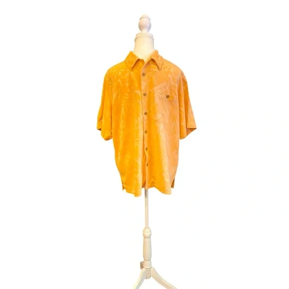 Banana Cabana Men’s 100% Silk Hawaiian Shirt M Peach Tropical Jacquard- Y2K VNTG