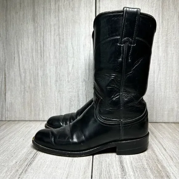 Justin Black Leather Round Toe Cowboy Boots Western Rodeo Youth Girls Size 4