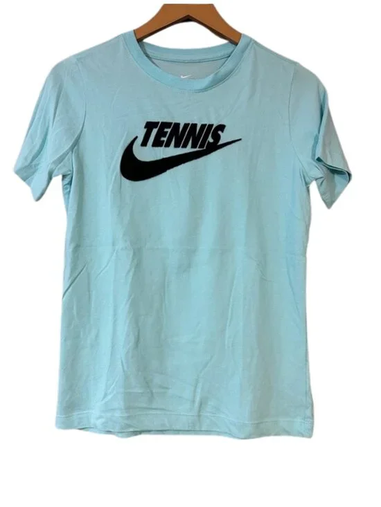 Nike Dri-Fit Tennis Tee Women’s Large Aqua Black Fuzzy Swoosh Shirt
