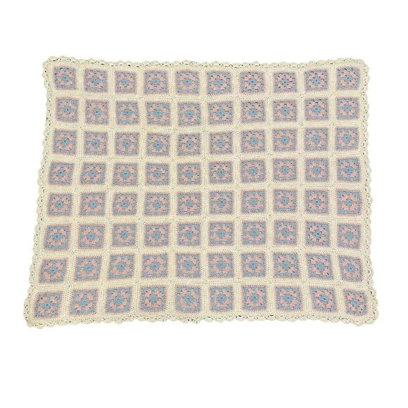 Vintage Handmade‎ Granny Square Crocheted Pastel Baby Blanket Afghan