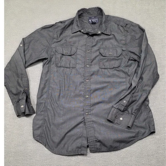 American Rag Mens Large Charcoal Grey Utility Button Down‎ Shirt Epaulettes L