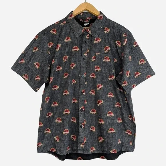 Jurassic Park All Over Logo Print Cotton Camp Shirt Gray XXL