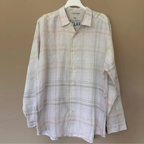 Tommy Bahama Relax 100% Linen Long Sleeve Button Shirt Men XL White Plaid Beach