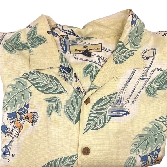 Tommy‎ Bahama Mens Large 100% Silk Jazz Musician Tropical Leaf Button Down Shirt