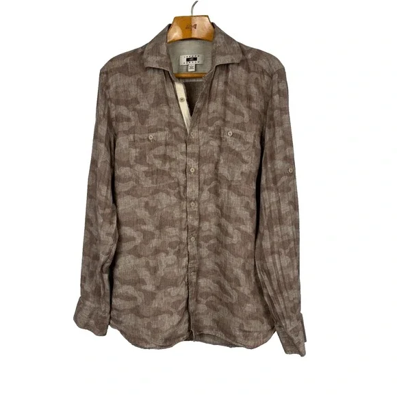 Joseph Abboud 100% Linen Camo Button Up Shirt Men's Large Brown Roll Tab Casual