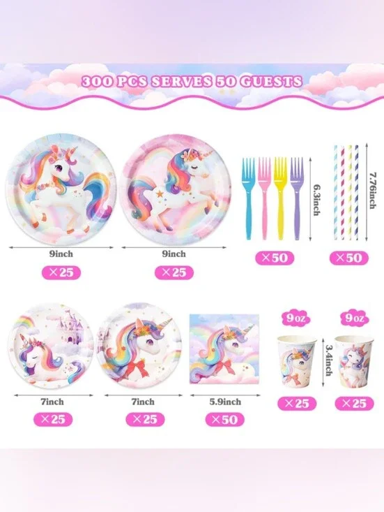 300 Pcs (50 Guests) Unicorn Tableware Set: Plates, Napkins, Cups, Forks, Straws