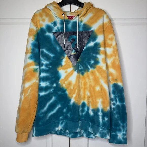 Guess Hoodie Mens Large Multi Tie Dye Fleece Lined Gorpcore Skater‎ Drawstring