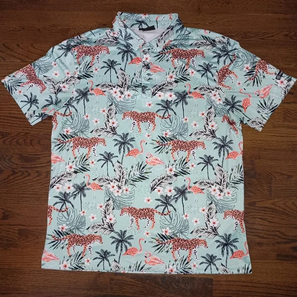 Mens Greenside Golf Cheetah Flamingo Palm Tree Print Mint Green Polo Shirt