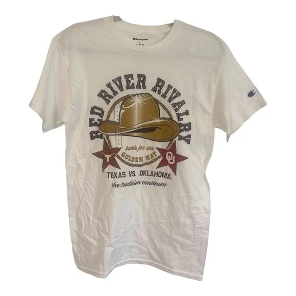 Champion Red River Rivalry Texas vs Oklahoma Golden Hat T-Shirt White Small NEW