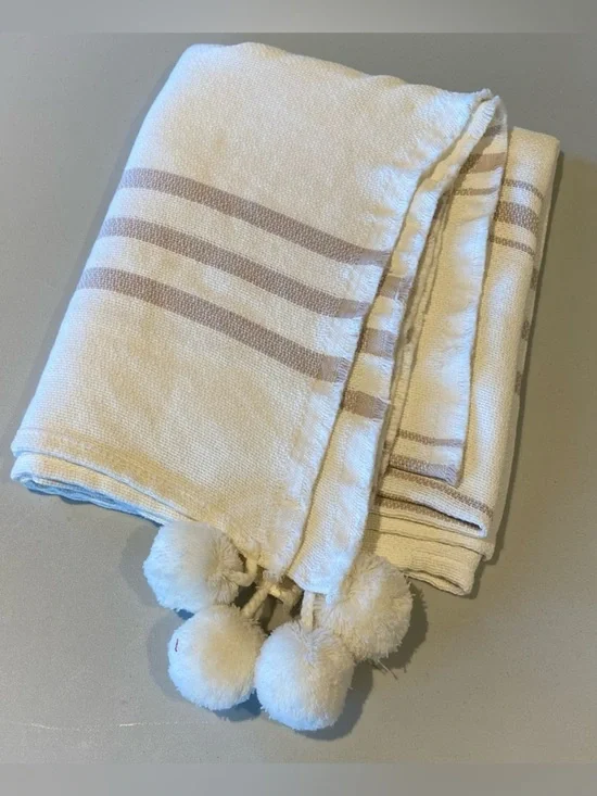 Imani Collective Artisan Made 100% Cotton Throw with Pompoms, Cream and Taupe