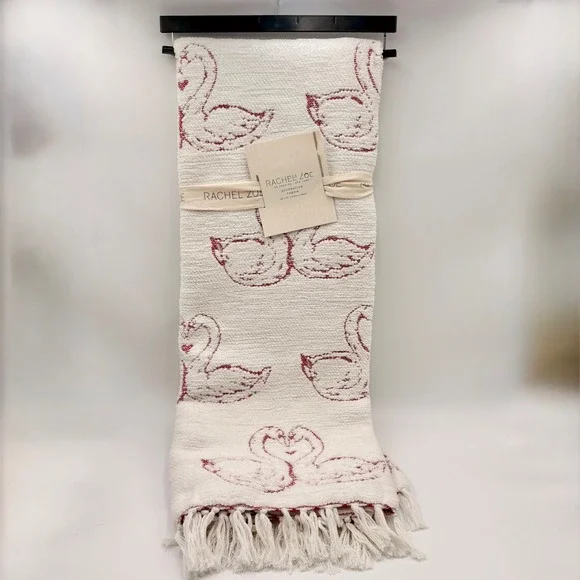 Rachel Zoe Red Swan Heart Plush Decorative Throw Blanket Cream Fringe 50x70 NEW
