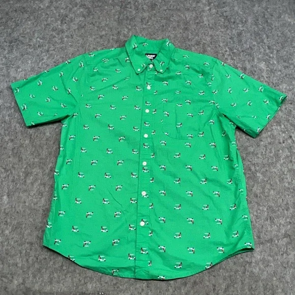Lands End Shirt Mens M Green Golf Cart Print Short Sleeve Button Traditional Fit