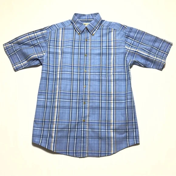Haggar Light Blue Plaid Checkered Short Sleeve‎ Size M Shirt Excellent